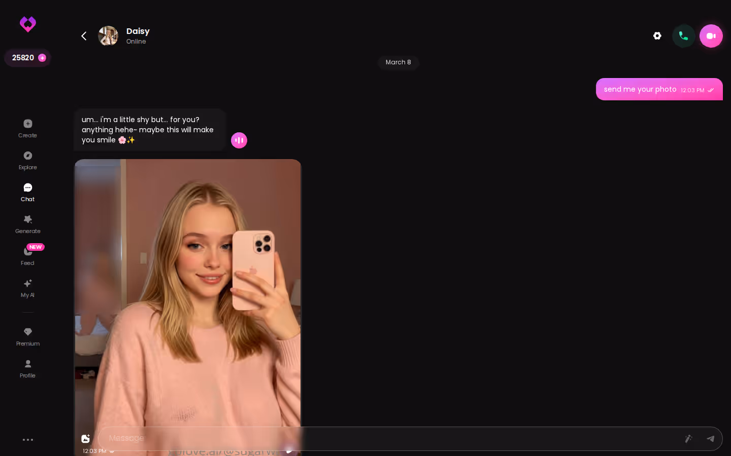 Chat-Dialog mit Sprachnachricht und Foto-Anfrage bei GoLove.ai am Desktop