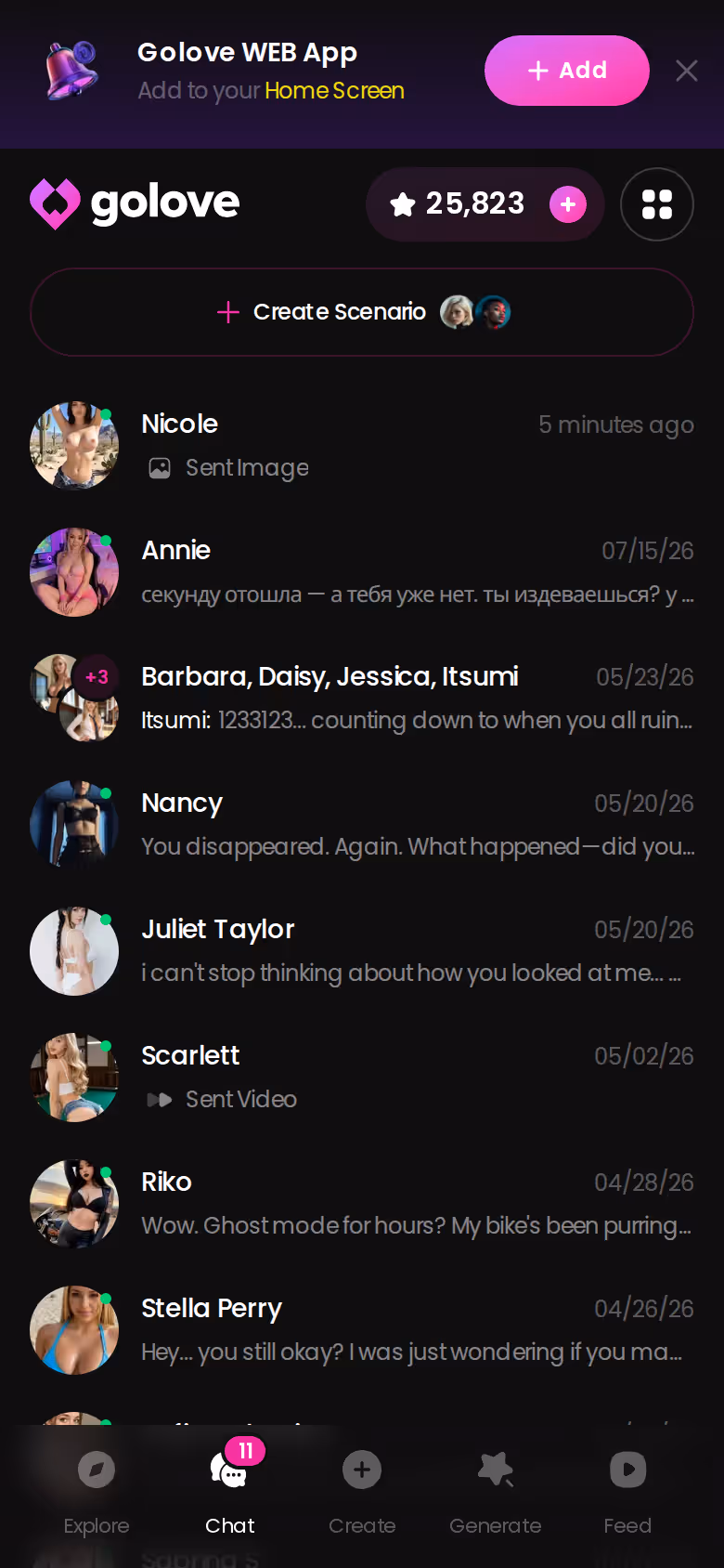 Chat-Posteingang von GoLove.ai auf dem Handy mit allen laufenden Gesprächen