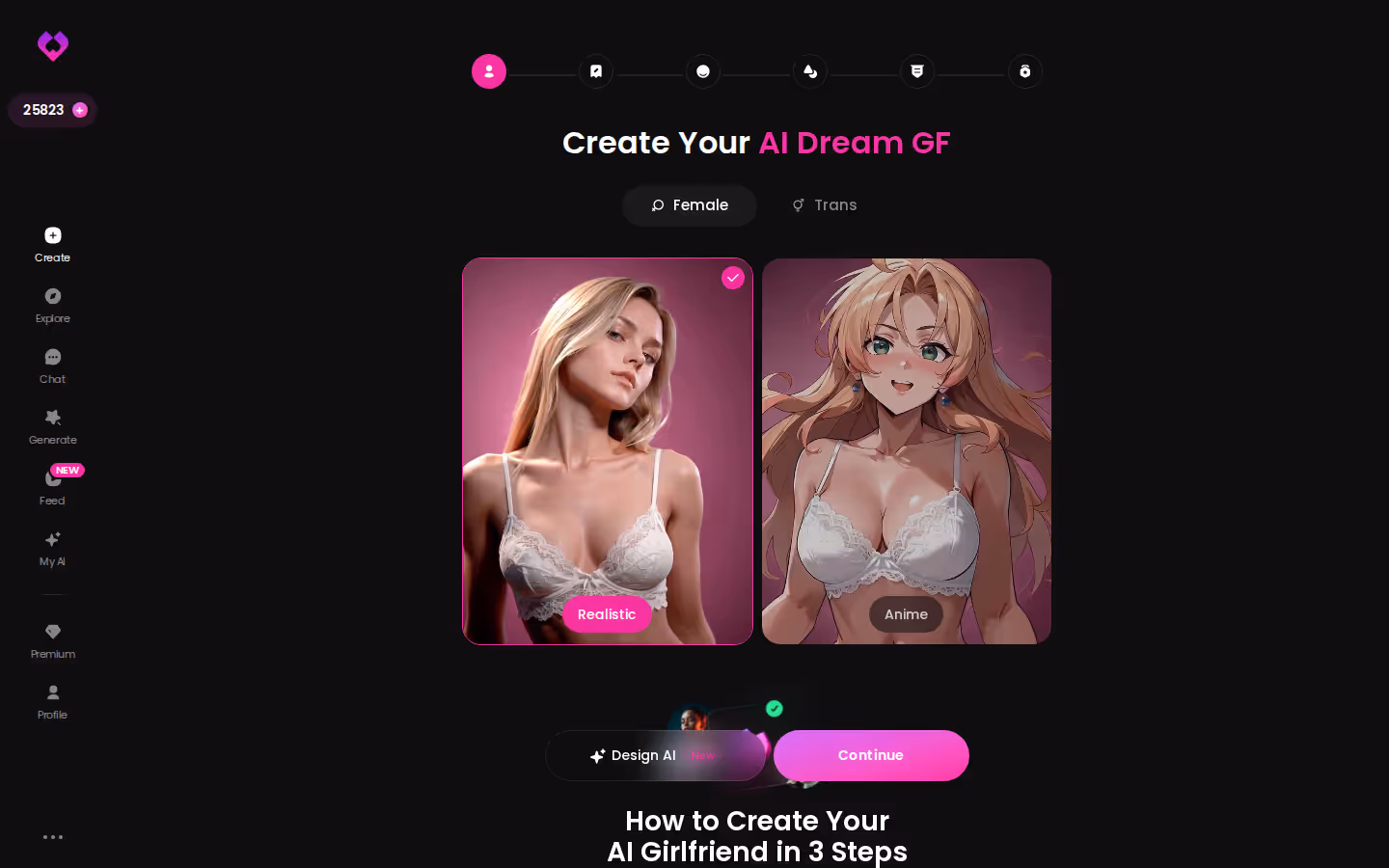 Startbildschirm des GoLove-Erstellungsassistenten mit Auswahl zwischen Anime und Realistic sowie Frau und Trans