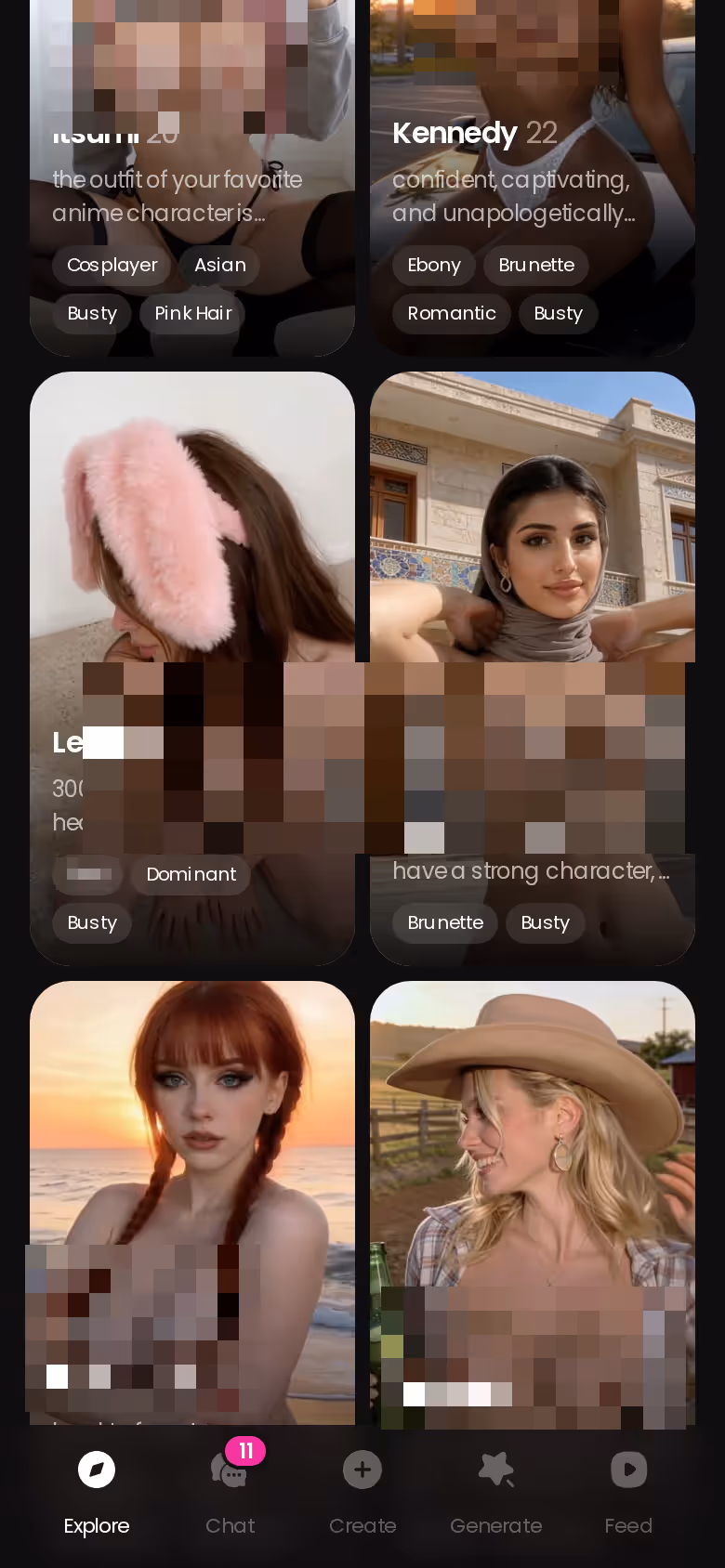 GoLove.ai Explore-Tab auf dem Smartphone mit erwachsenen KI-Frauen, die per Tippen einen Chat öffnen