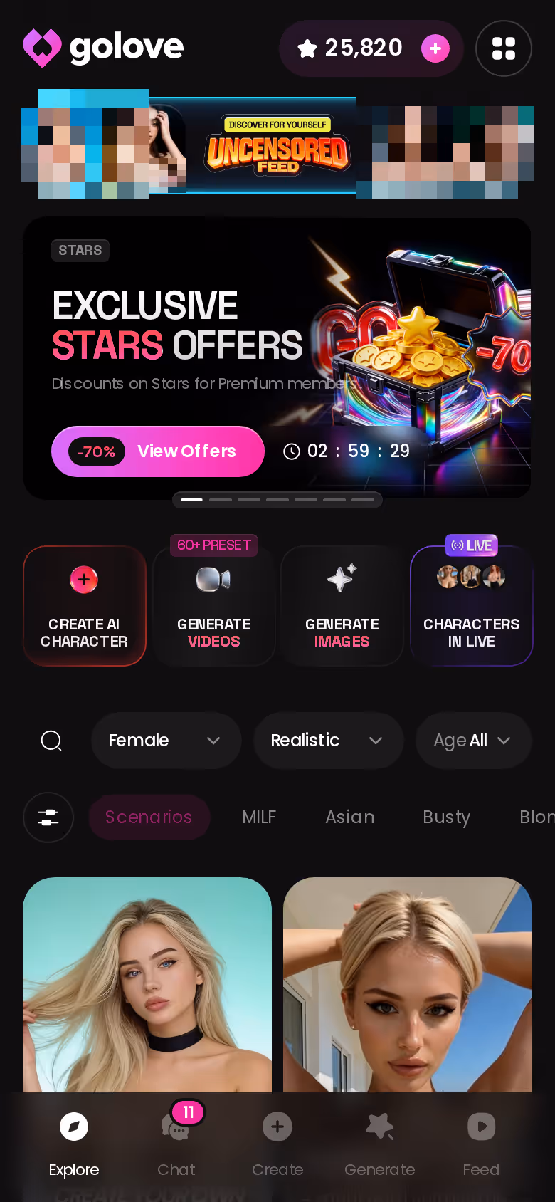 GoLove Entdecken-Ansicht auf dem Handy mit fotorealistischen Figuren zum direkten Chat-Einstieg