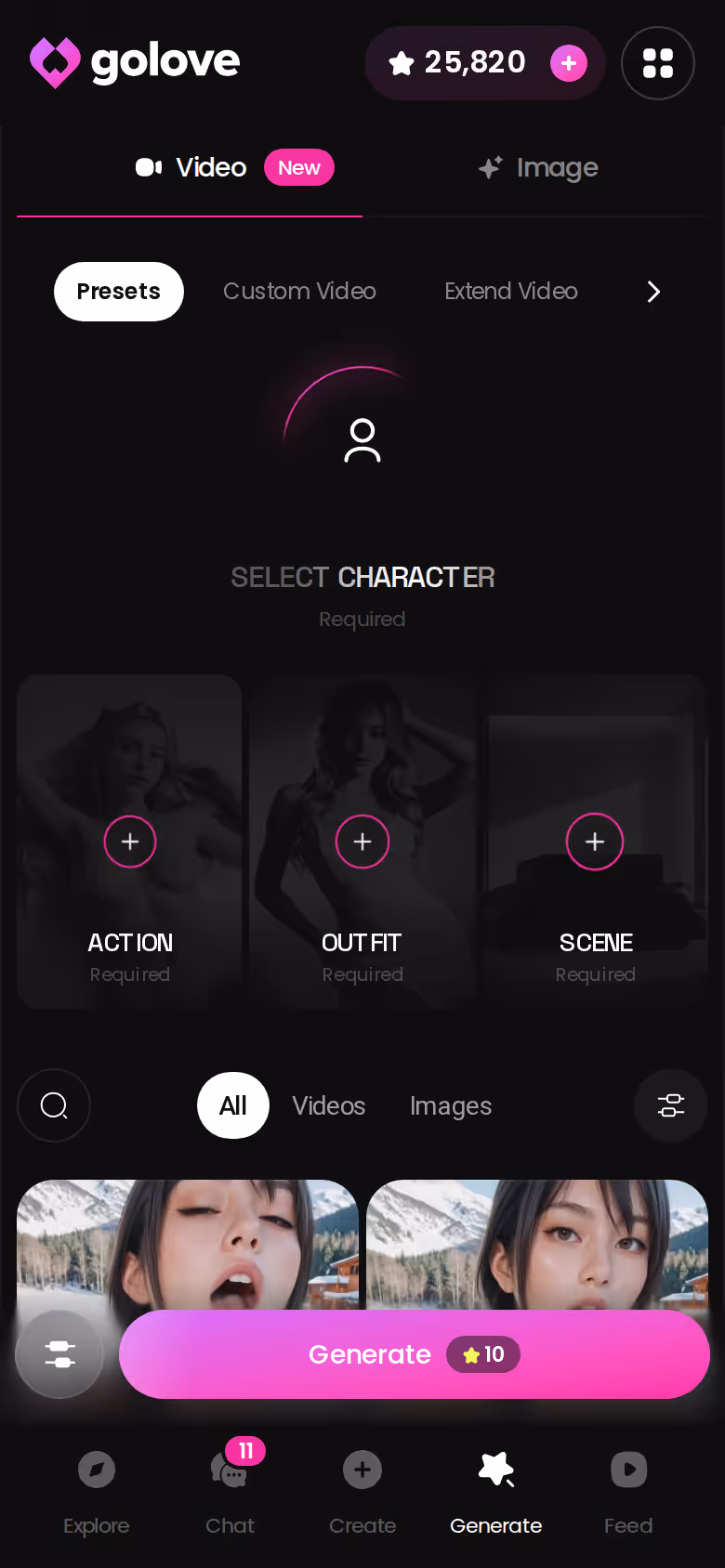 GoLove Generate-Hub mit Video- und Bildmodus nebeneinander