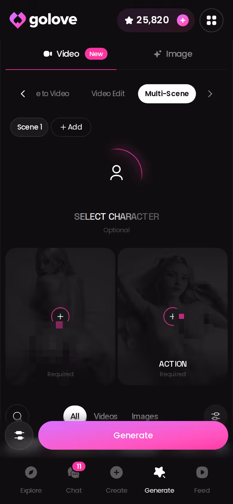Der Video-Generator von GoLove.ai auf dem Handy mit Aktion, Outfit und Szene